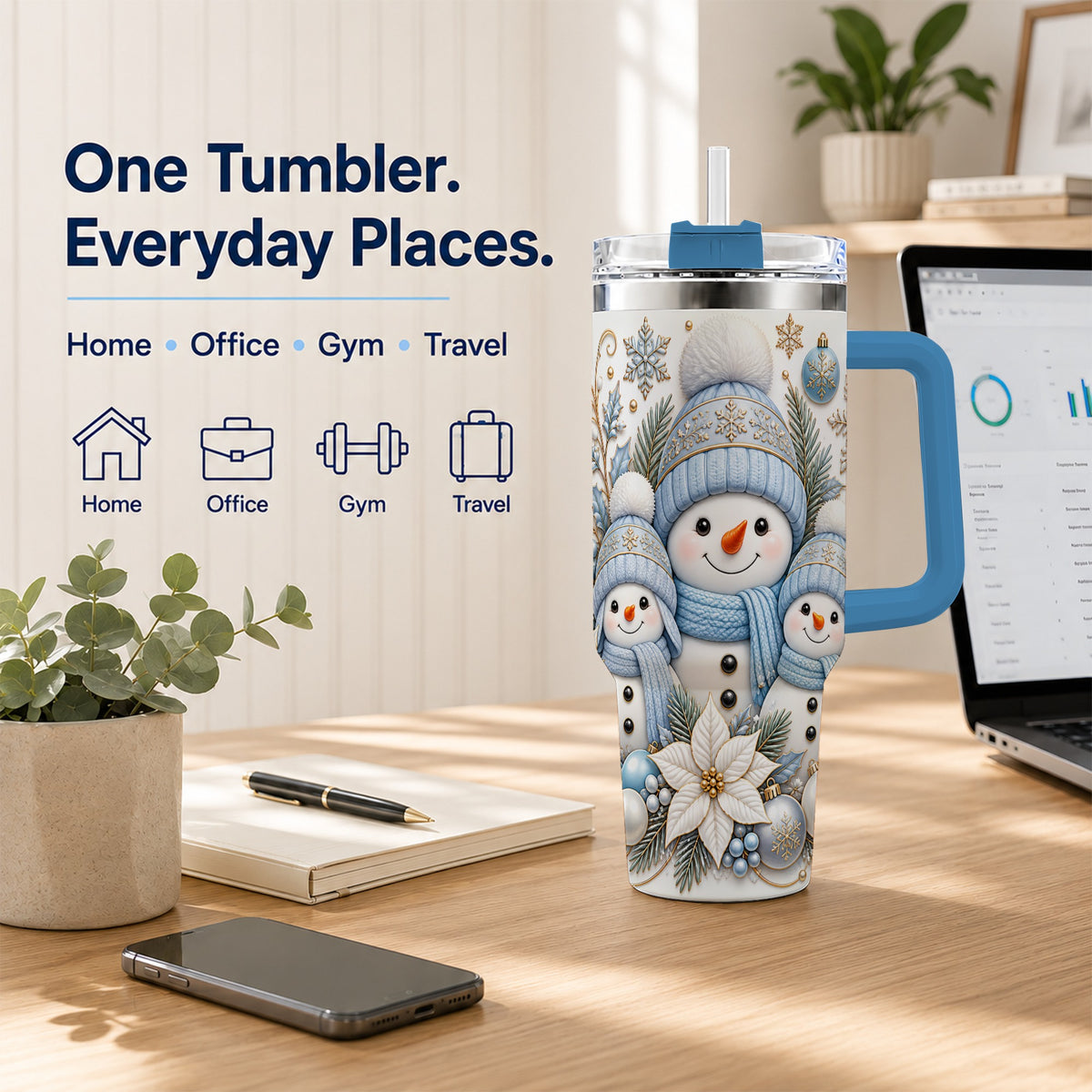 #pl[40oz|Blue] Snowman Family 40oz Tumbler with Handle, Winter Stainless Steel Cup