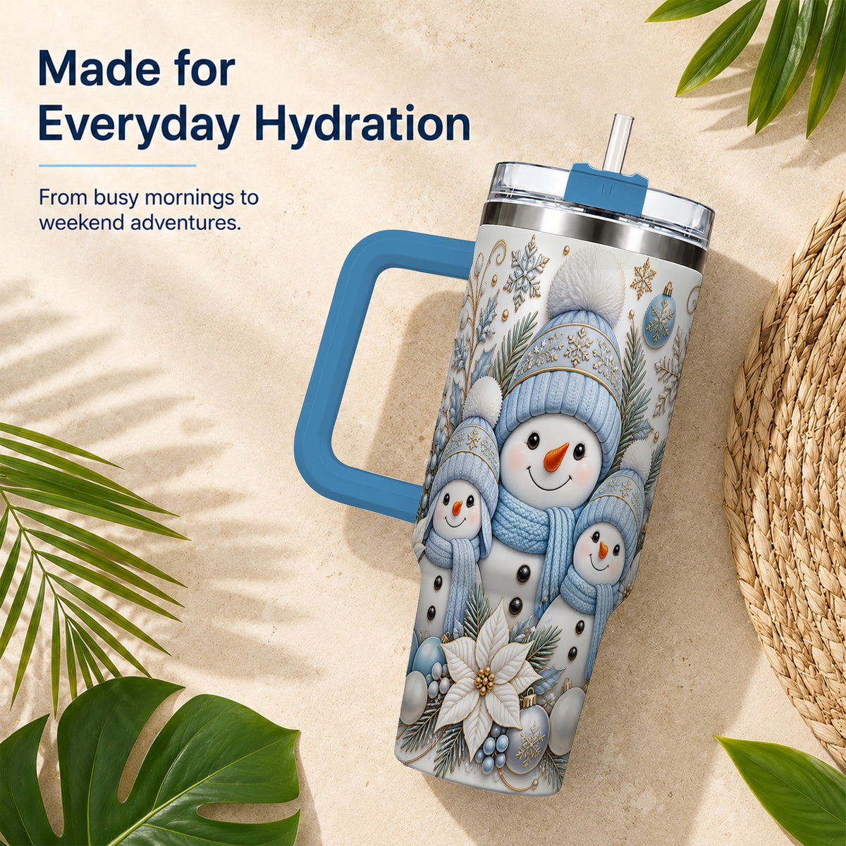 #pl[40oz|Blue] Snowman Family 40oz Tumbler with Handle, Winter Stainless Steel Cup