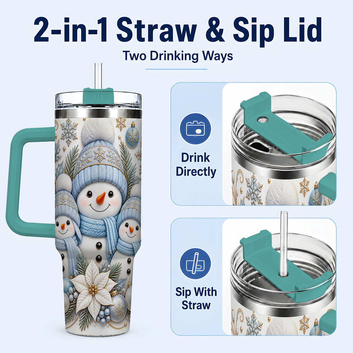 #pl[40oz|Green] Snowman Family 40oz Tumbler with Handle, Winter Stainless Steel Cup