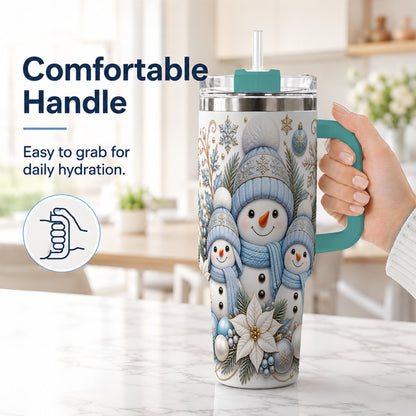#pl[40oz|Green] Snowman Family 40oz Tumbler with Handle, Winter Stainless Steel Cup