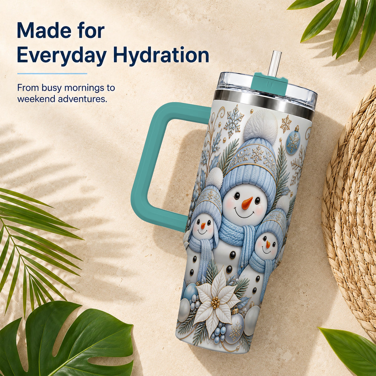 #pl[40oz|Green] Snowman Family 40oz Tumbler with Handle, Winter Stainless Steel Cup