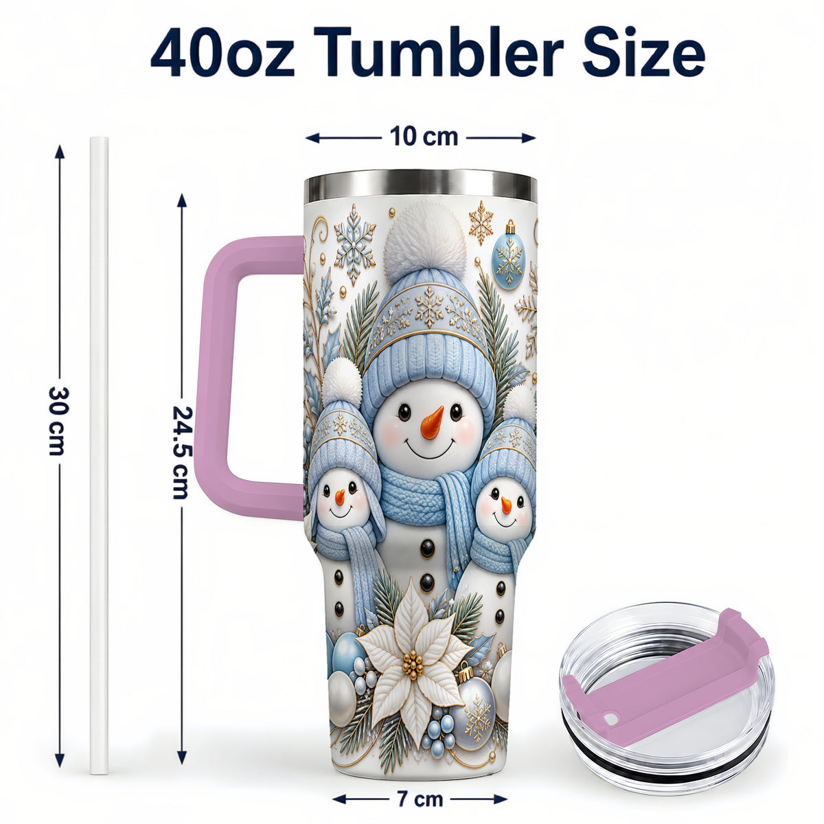 #pl[40oz|Pink] Snowman Family 40oz Tumbler with Handle, Winter Stainless Steel Cup