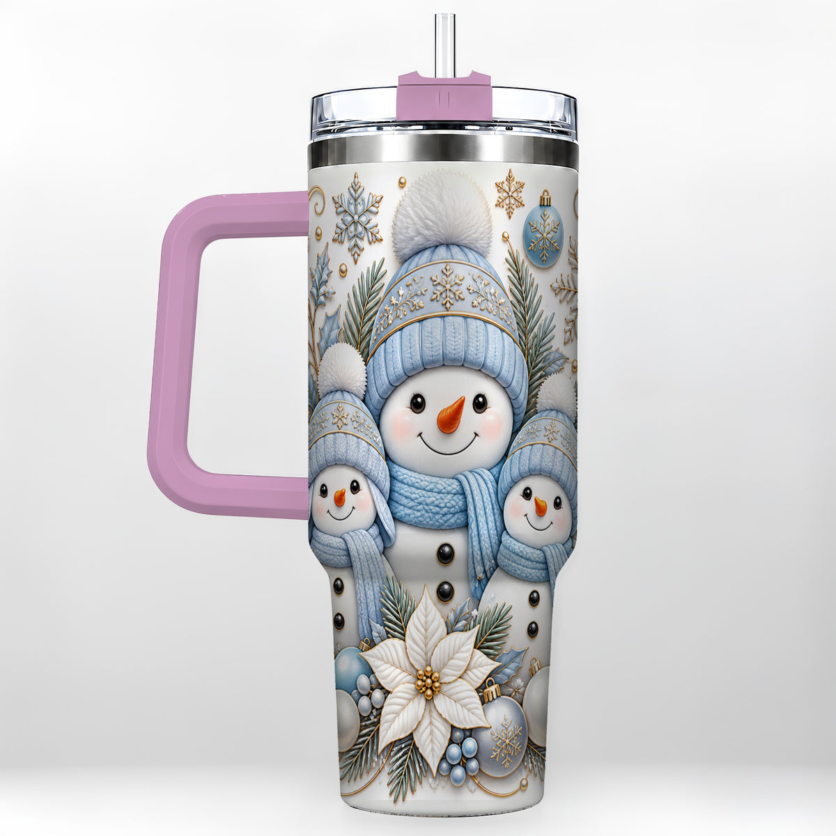 #pl[40oz|Pink] Snowman Family 40oz Tumbler with Handle, Winter Stainless Steel Cup