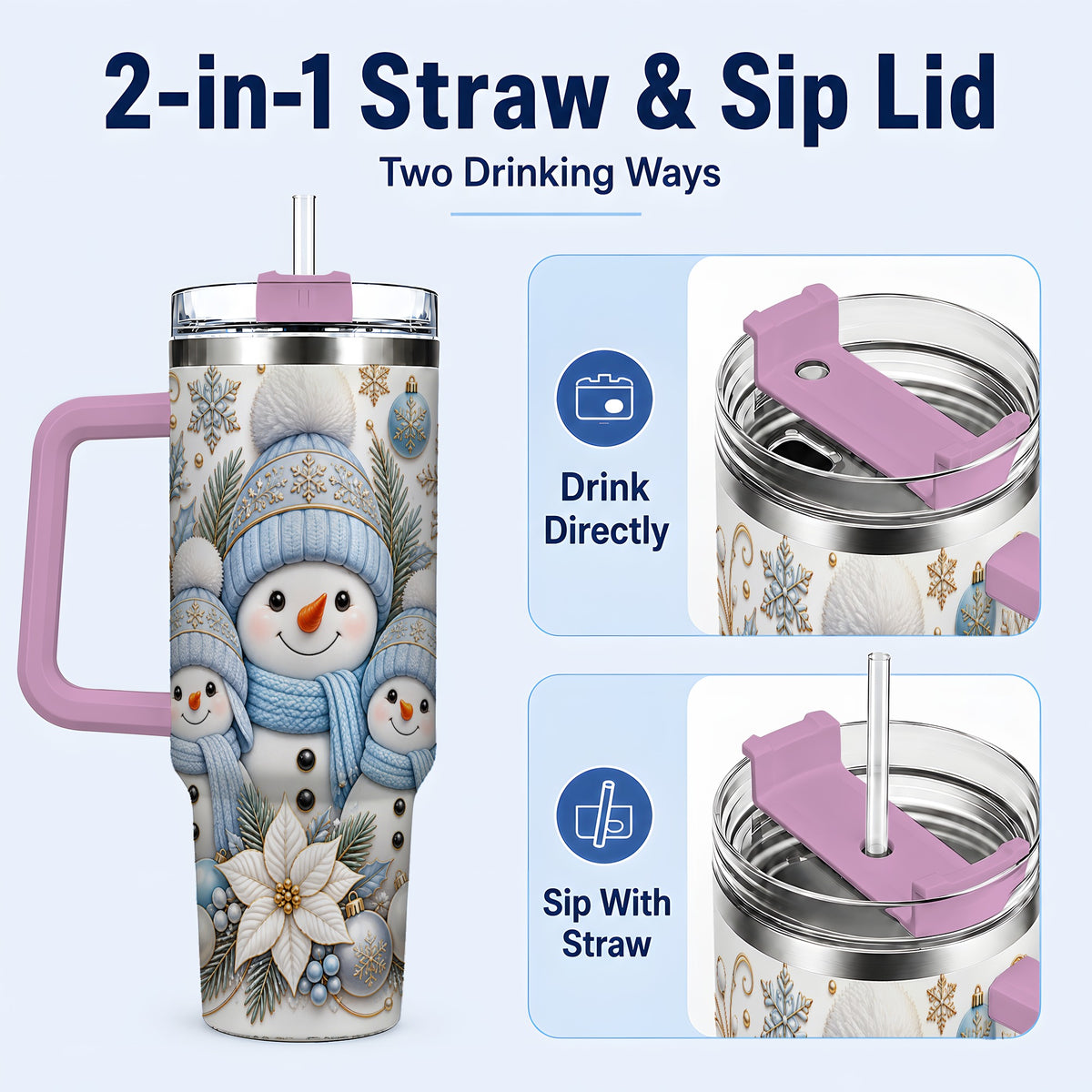 #pl[40oz|Pink] Snowman Family 40oz Tumbler with Handle, Winter Stainless Steel Cup