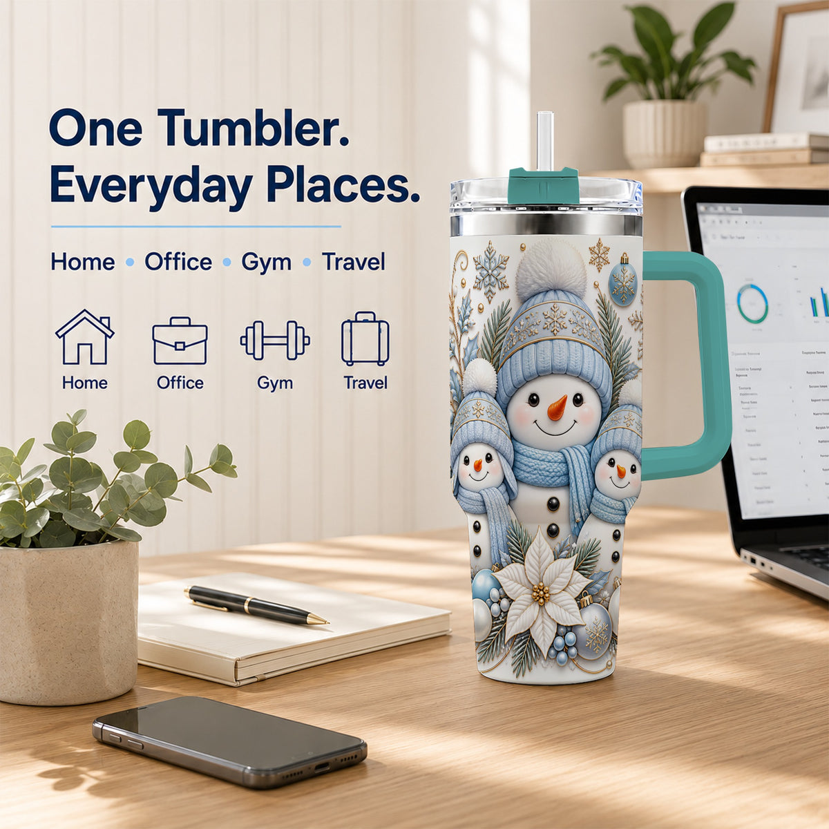 #pl[40oz|Green] Snowman Family 40oz Tumbler with Handle, Winter Stainless Steel Cup