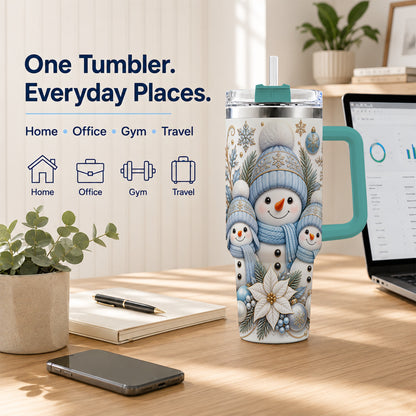 #pl[40oz|Green] Snowman Family 40oz Tumbler with Handle, Winter Stainless Steel Cup