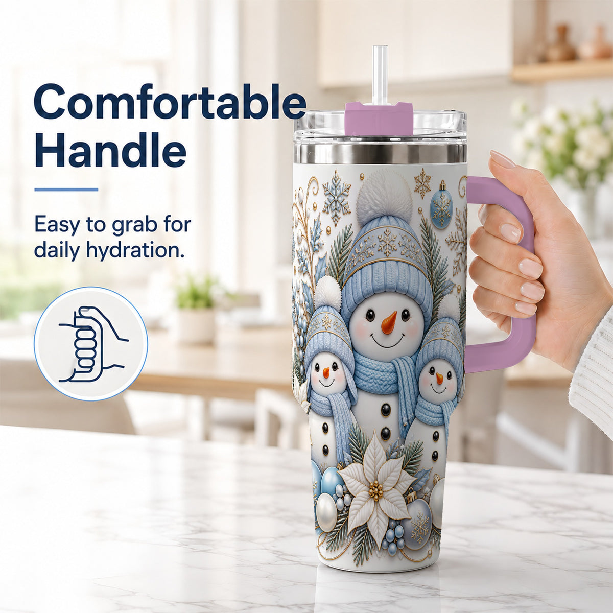 #pl[40oz|Pink] Snowman Family 40oz Tumbler with Handle, Winter Stainless Steel Cup