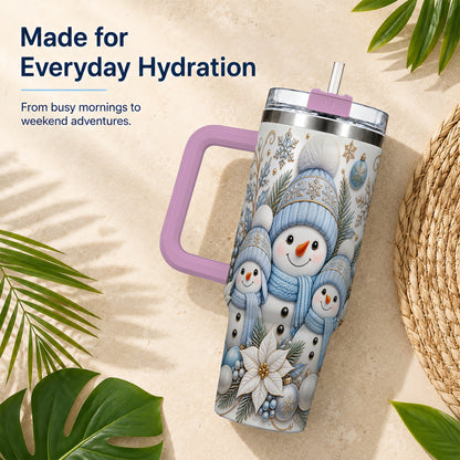 #pl[40oz|Pink] Snowman Family 40oz Tumbler with Handle, Winter Stainless Steel Cup