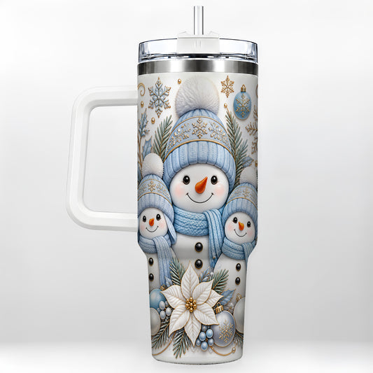 Snowman Family 40oz Tumbler with Handle, Winter Stainless Steel Cup