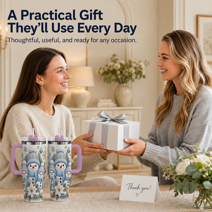 #pl[40oz|Pink] Snowman Family 40oz Tumbler with Handle, Winter Stainless Steel Cup