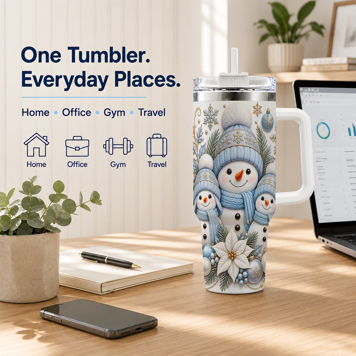 #pl[40oz|White] Snowman Family 40oz Tumbler with Handle, Winter Stainless Steel Cup