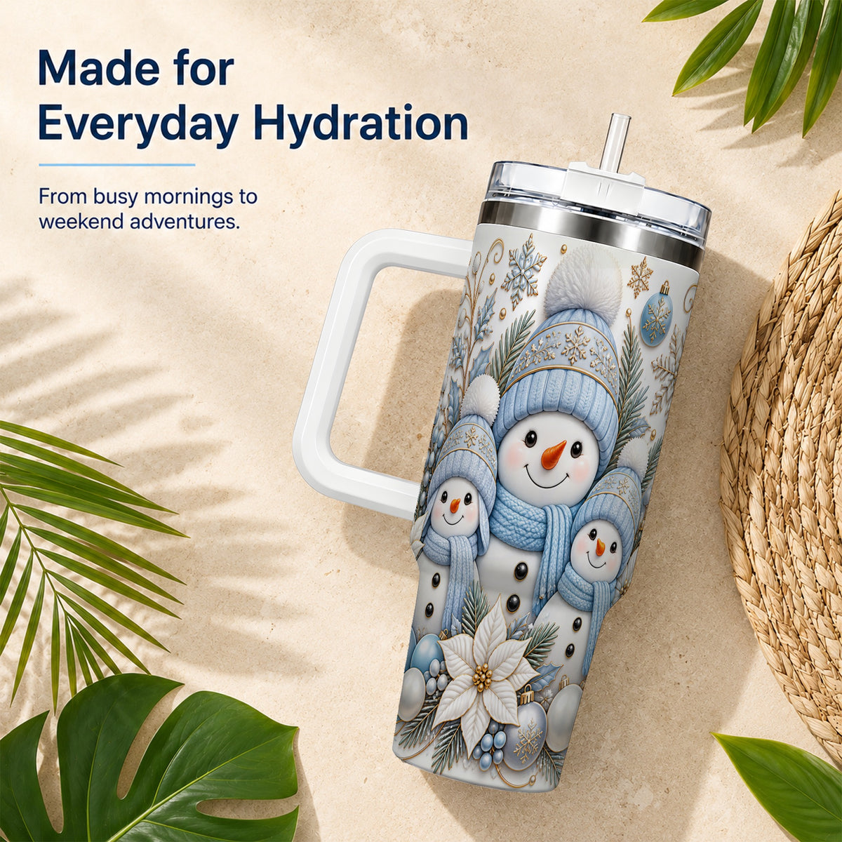 #pl[40oz|White] Snowman Family 40oz Tumbler with Handle, Winter Stainless Steel Cup