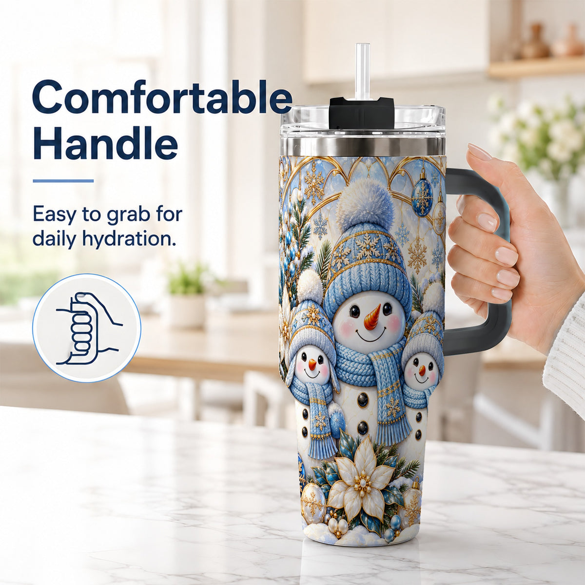 #pl[40oz|Black] Snowman Family 40oz Tumbler with Handle, Winter Stainless Steel Cup