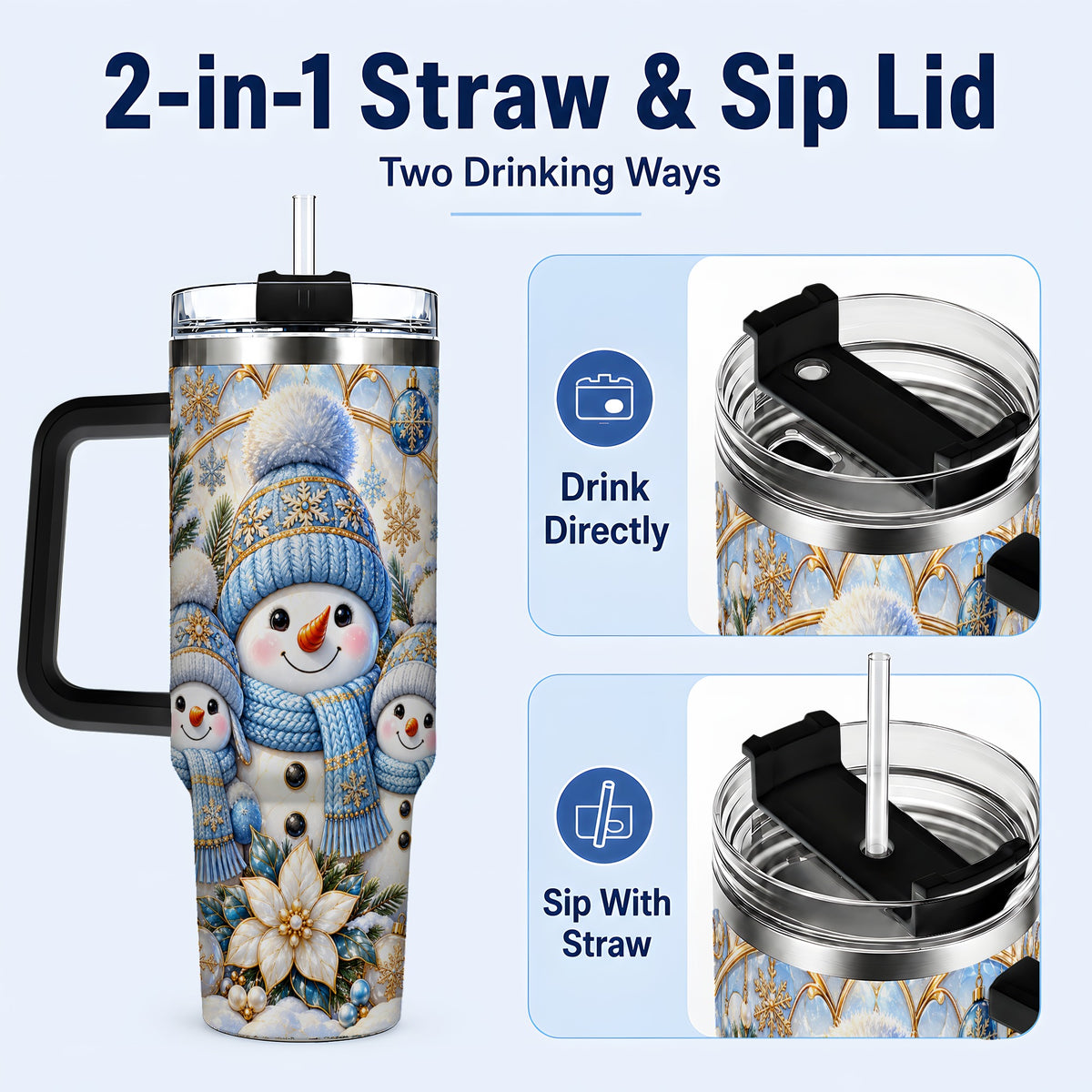 #pl[40oz|Black] Snowman Family 40oz Tumbler with Handle, Winter Stainless Steel Cup