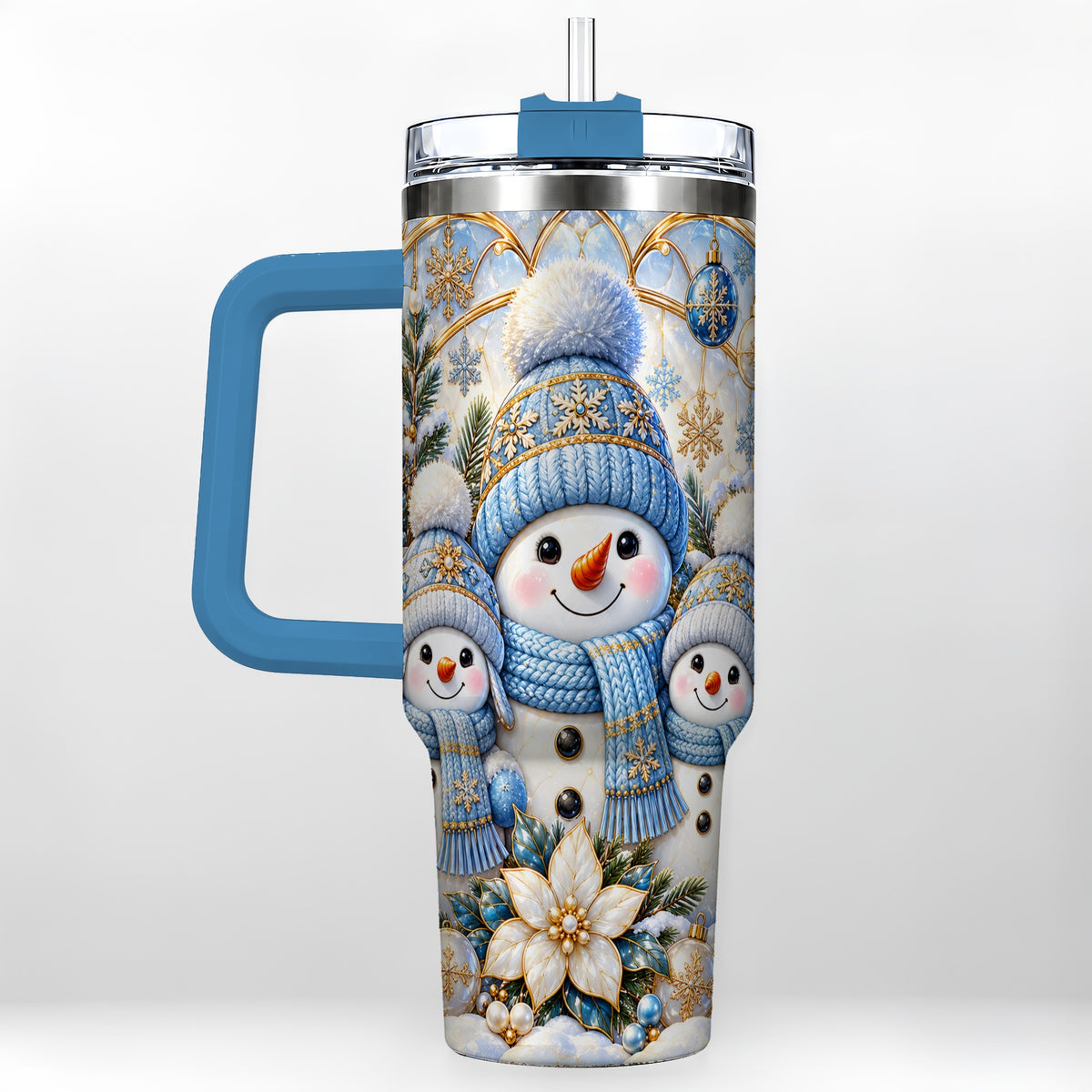 #pl[40oz|Blue] Snowman Family 40oz Tumbler with Handle, Winter Stainless Steel Cup