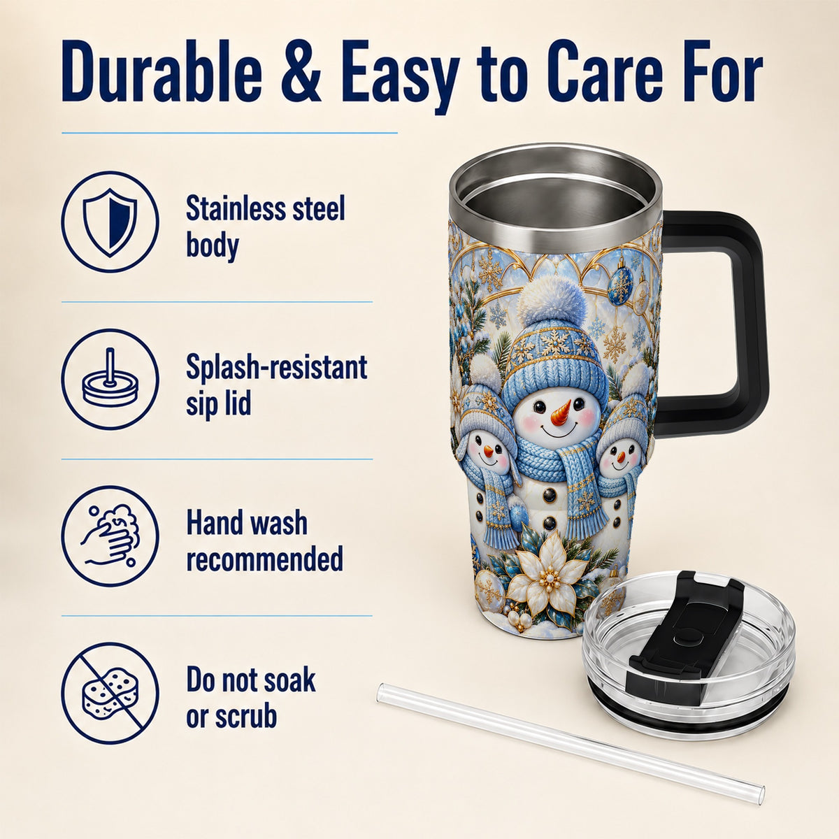 #pl[40oz|Black] Snowman Family 40oz Tumbler with Handle, Winter Stainless Steel Cup