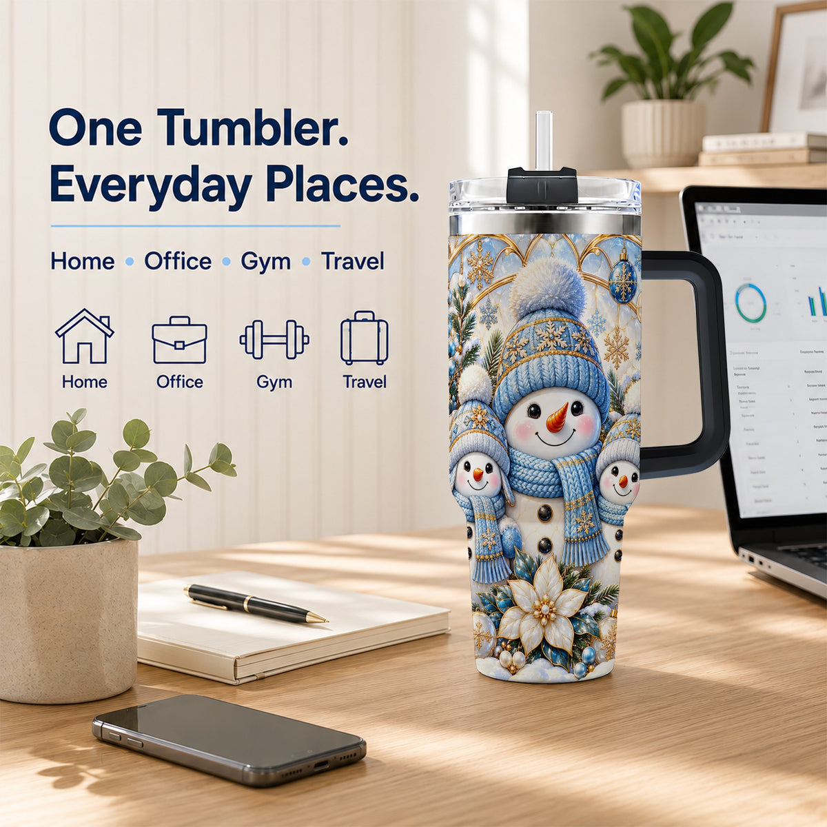 #pl[40oz|Black] Snowman Family 40oz Tumbler with Handle, Winter Stainless Steel Cup