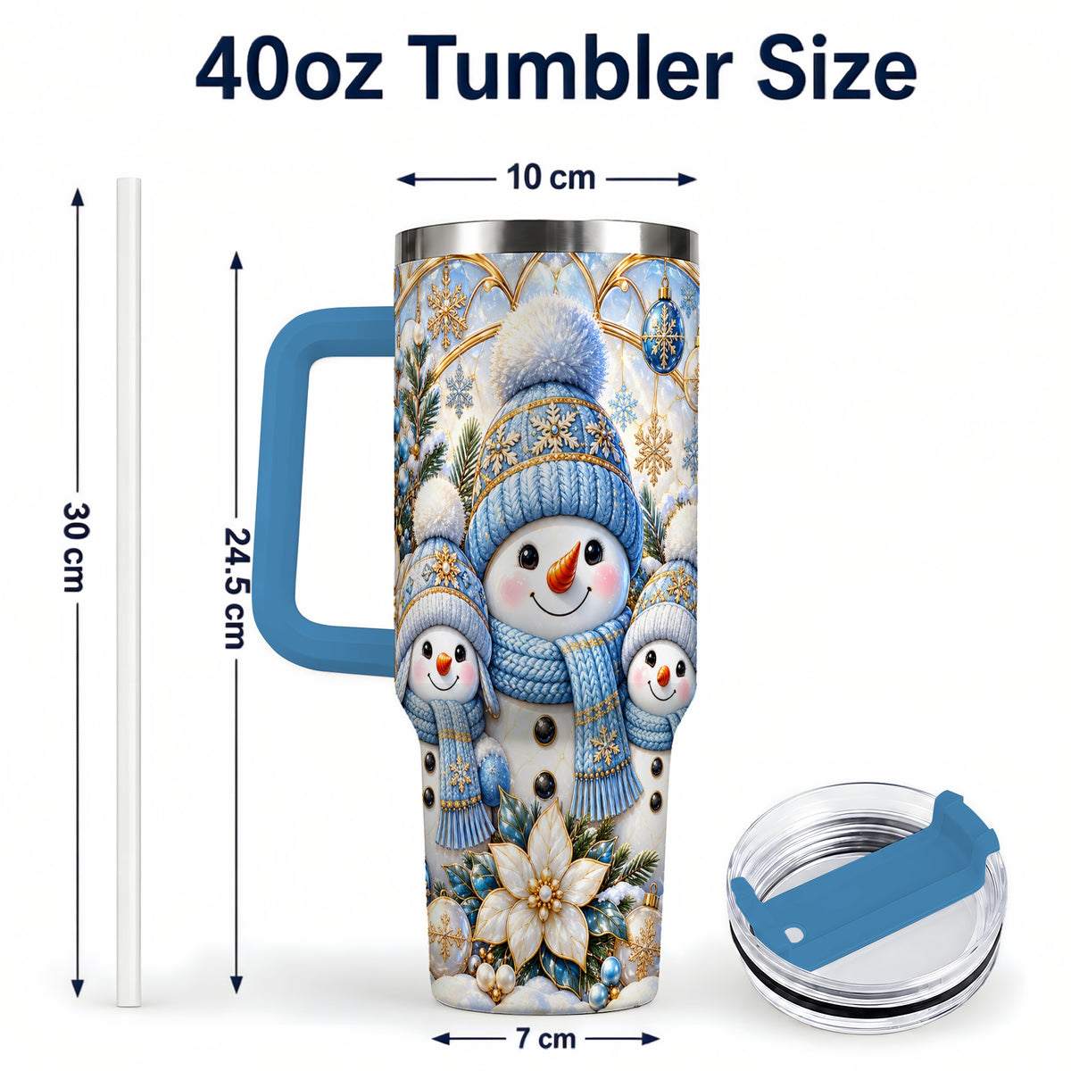 #pl[40oz|Blue] Snowman Family 40oz Tumbler with Handle, Winter Stainless Steel Cup