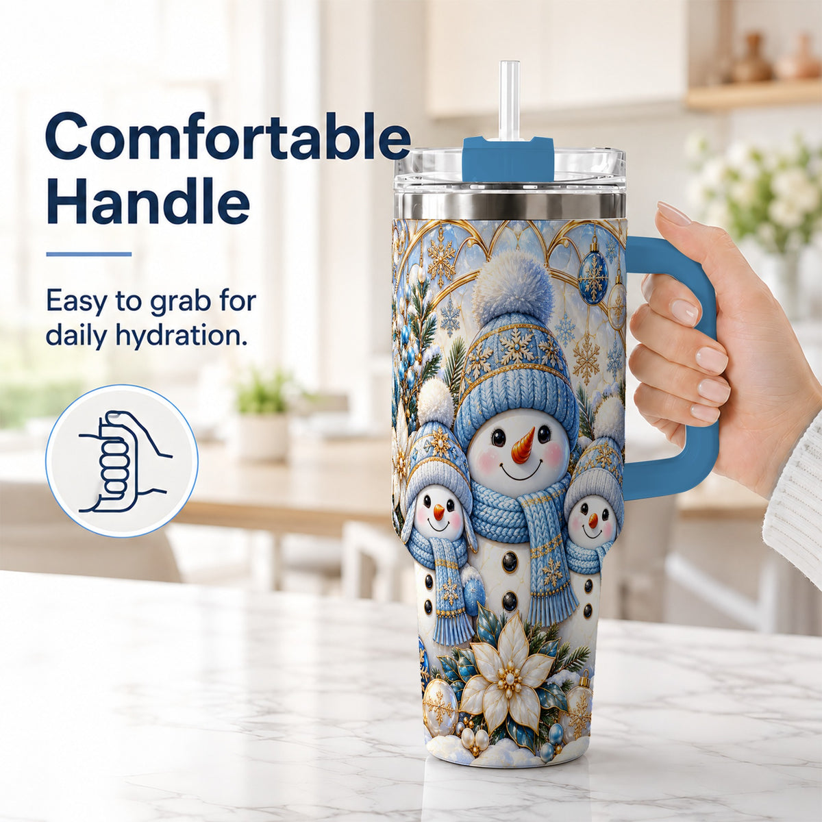 #pl[40oz|Blue] Snowman Family 40oz Tumbler with Handle, Winter Stainless Steel Cup