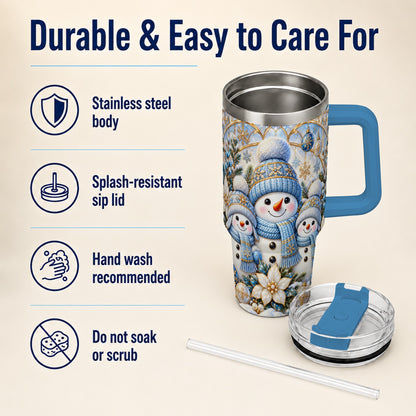 #pl[40oz|Blue] Snowman Family 40oz Tumbler with Handle, Winter Stainless Steel Cup