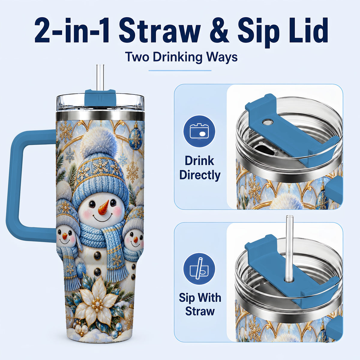 #pl[40oz|Blue] Snowman Family 40oz Tumbler with Handle, Winter Stainless Steel Cup