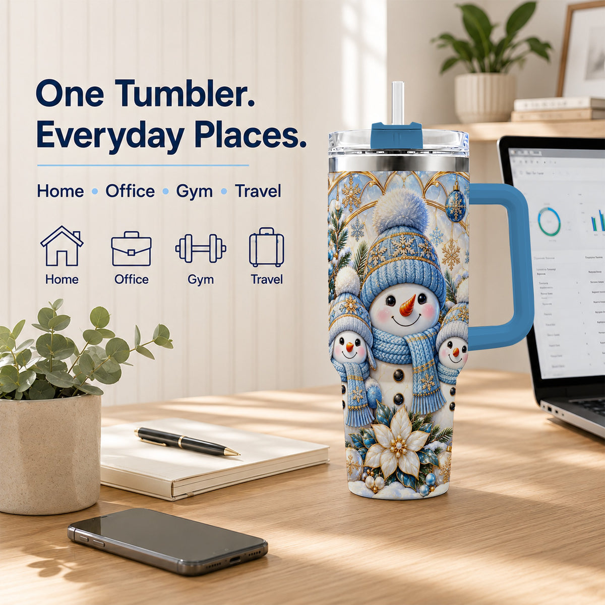 #pl[40oz|Blue] Snowman Family 40oz Tumbler with Handle, Winter Stainless Steel Cup