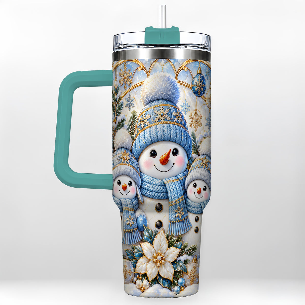 #pl[40oz|Green] Snowman Family 40oz Tumbler with Handle, Winter Stainless Steel Cup