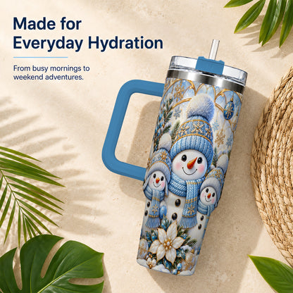 #pl[40oz|Blue] Snowman Family 40oz Tumbler with Handle, Winter Stainless Steel Cup