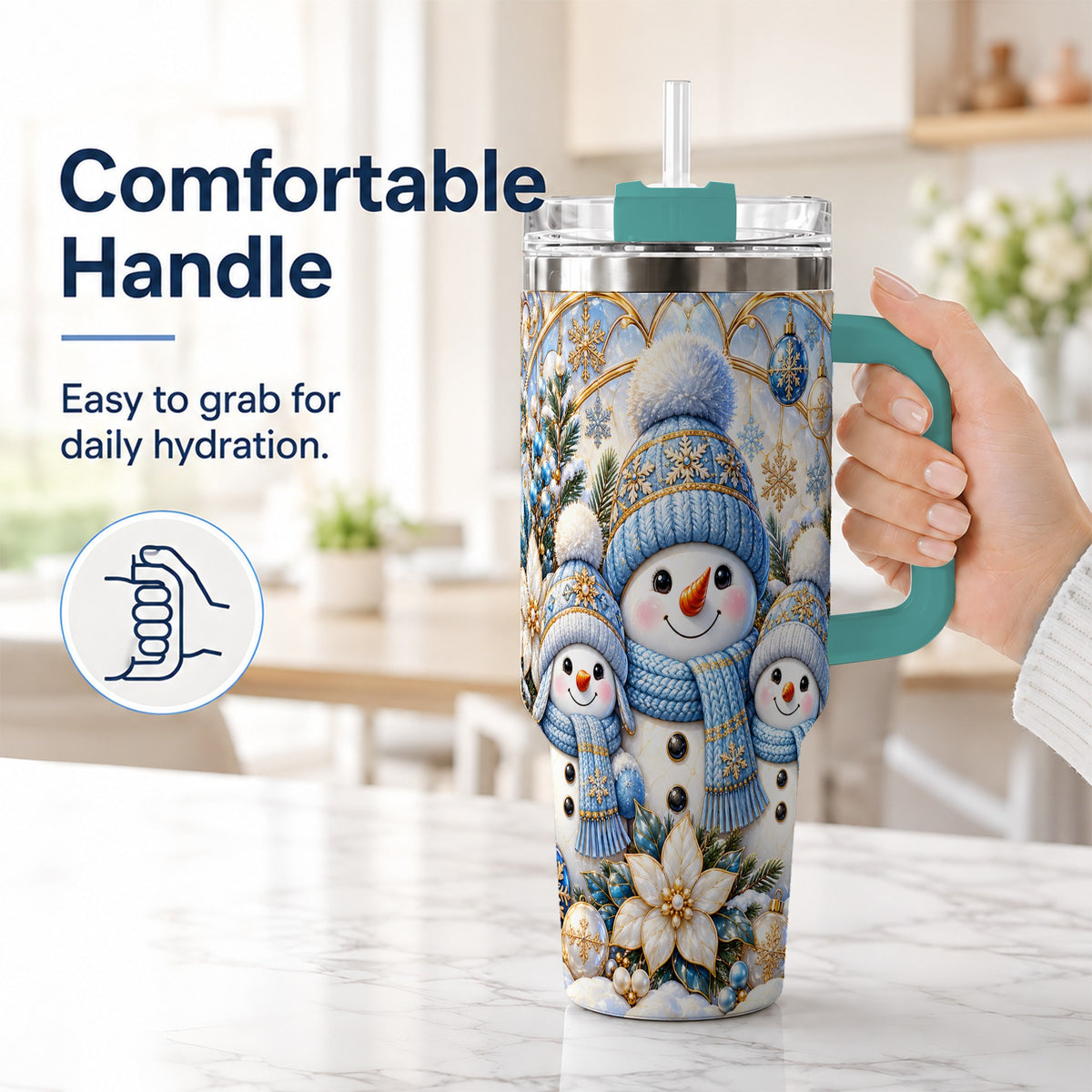 #pl[40oz|Green] Snowman Family 40oz Tumbler with Handle, Winter Stainless Steel Cup