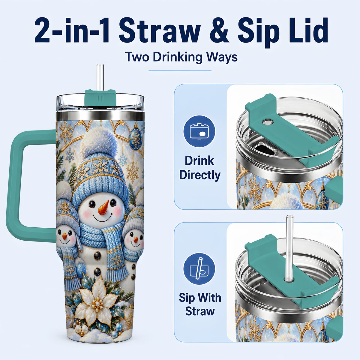 #pl[40oz|Green] Snowman Family 40oz Tumbler with Handle, Winter Stainless Steel Cup