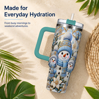 #pl[40oz|Green] Snowman Family 40oz Tumbler with Handle, Winter Stainless Steel Cup