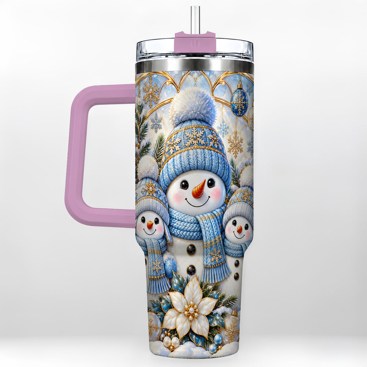#pl[40oz|Pink] Snowman Family 40oz Tumbler with Handle, Winter Stainless Steel Cup