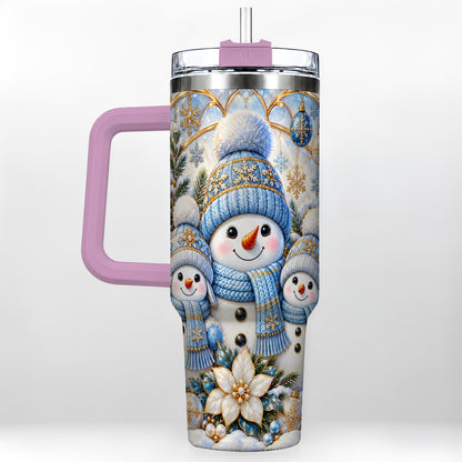 #pl[40oz|Pink] Snowman Family 40oz Tumbler with Handle, Winter Stainless Steel Cup