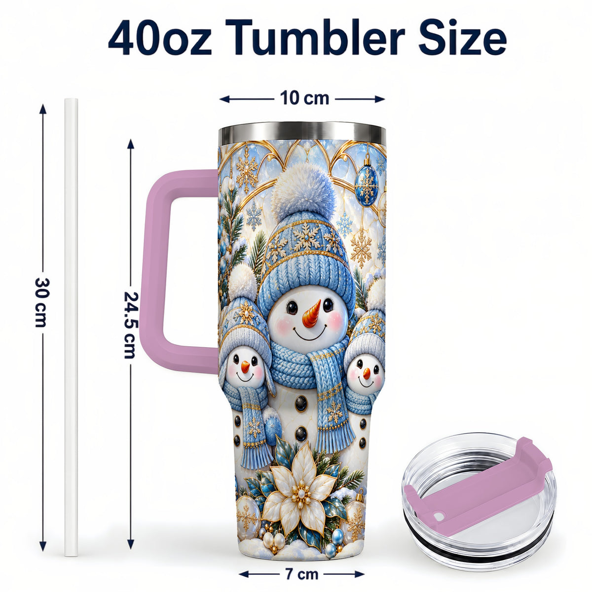 #pl[40oz|Pink] Snowman Family 40oz Tumbler with Handle, Winter Stainless Steel Cup