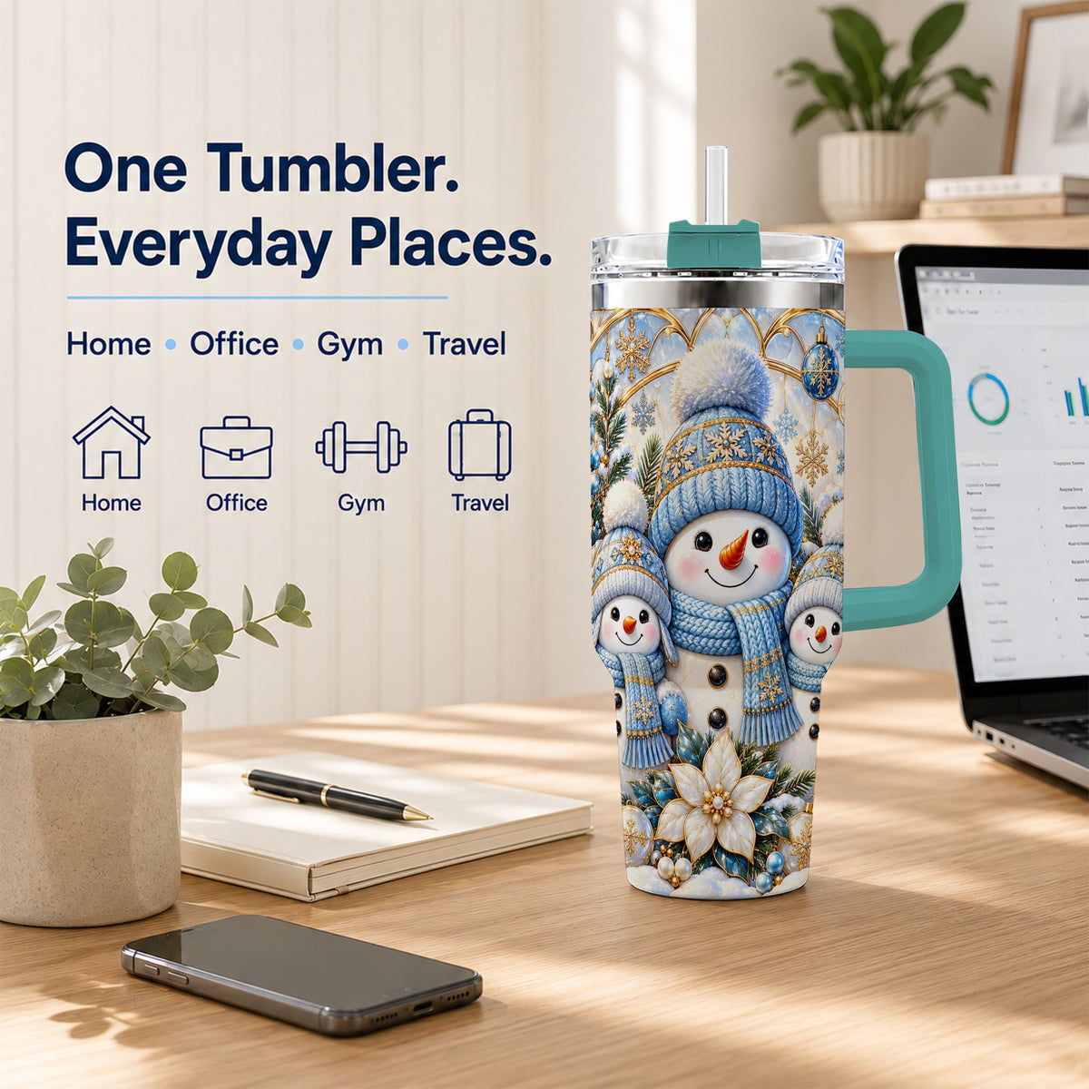 #pl[40oz|Green] Snowman Family 40oz Tumbler with Handle, Winter Stainless Steel Cup