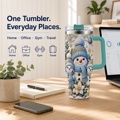 #pl[40oz|Green] Snowman Family 40oz Tumbler with Handle, Winter Stainless Steel Cup