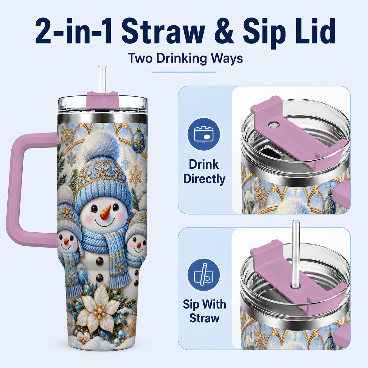 #pl[40oz|Pink] Snowman Family 40oz Tumbler with Handle, Winter Stainless Steel Cup