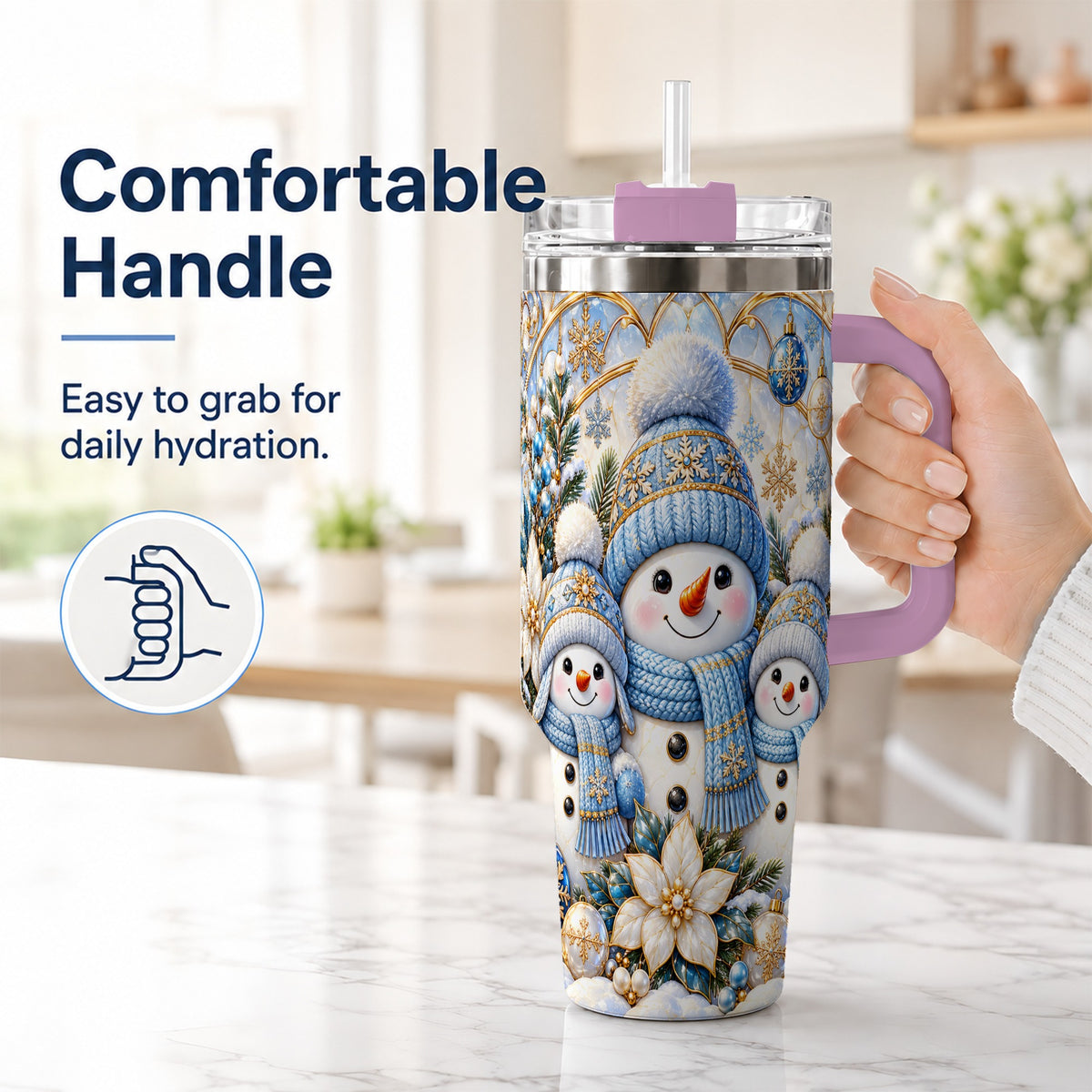 #pl[40oz|Pink] Snowman Family 40oz Tumbler with Handle, Winter Stainless Steel Cup