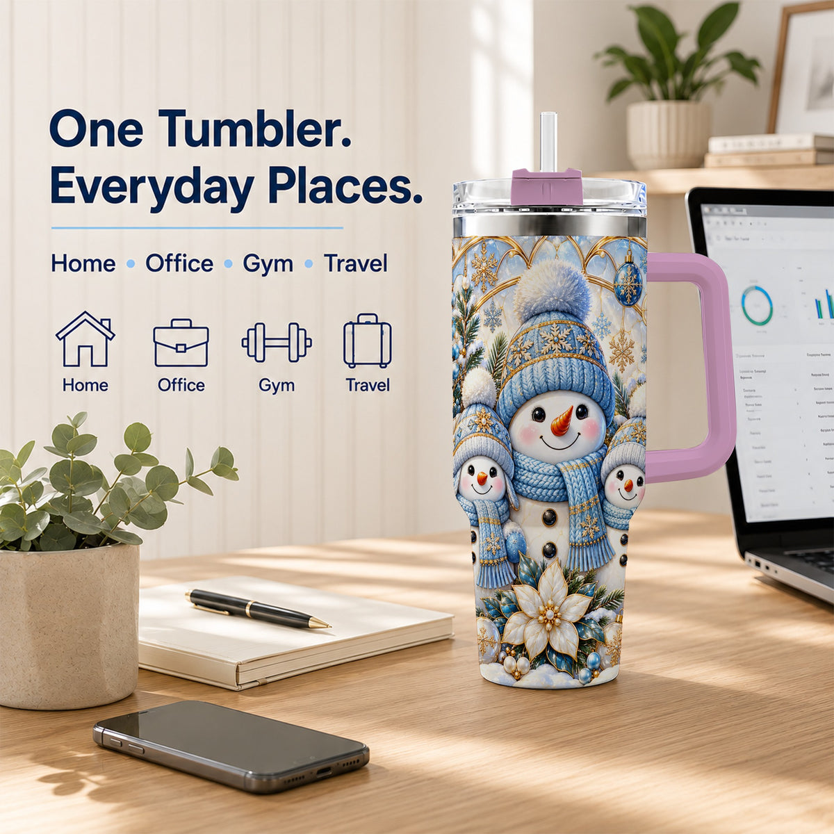 #pl[40oz|Pink] Snowman Family 40oz Tumbler with Handle, Winter Stainless Steel Cup