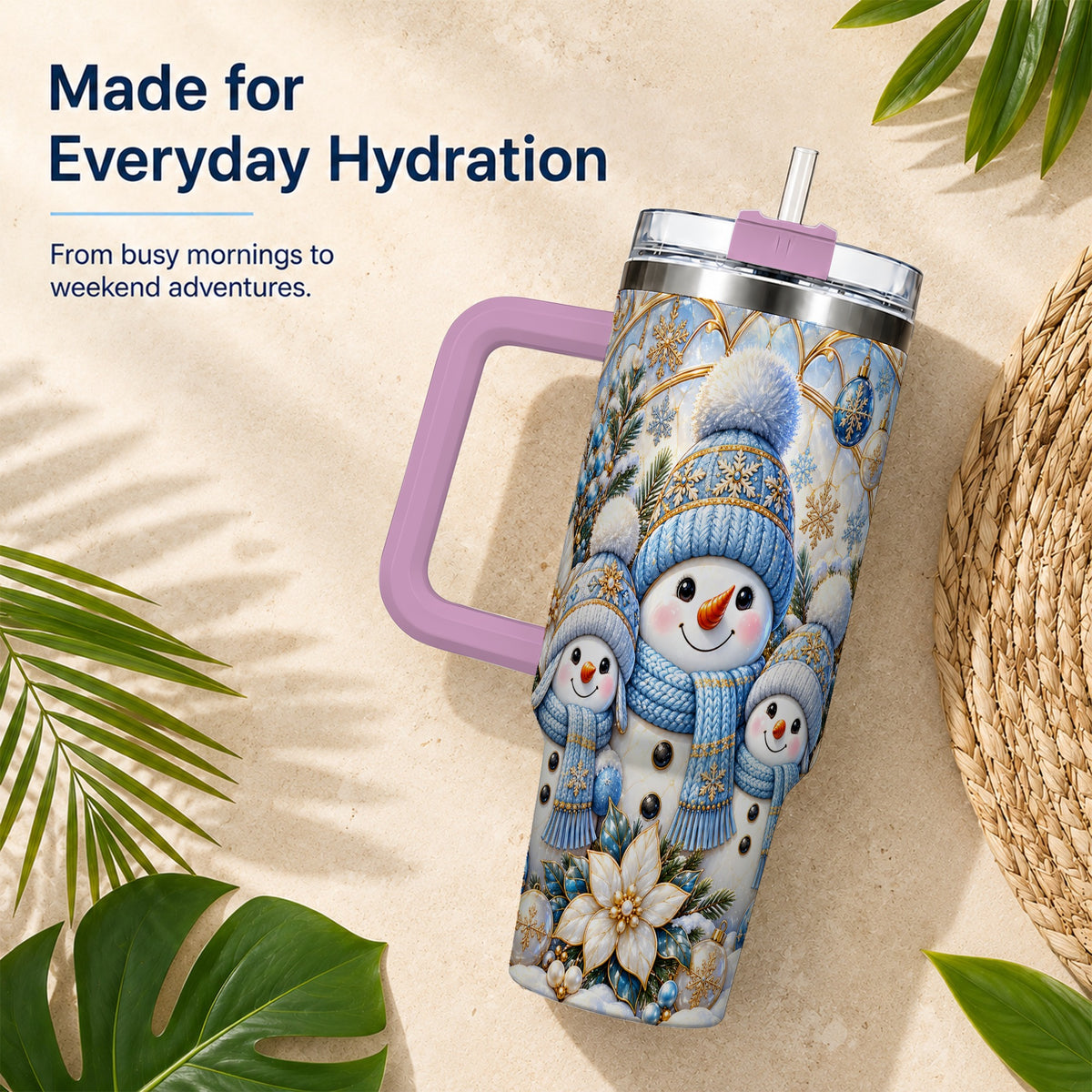 #pl[40oz|Pink] Snowman Family 40oz Tumbler with Handle, Winter Stainless Steel Cup