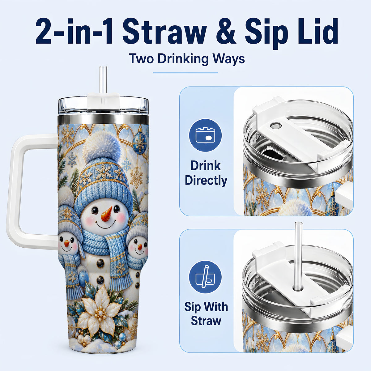 #pl[40oz|White] Snowman Family 40oz Tumbler with Handle, Winter Stainless Steel Cup