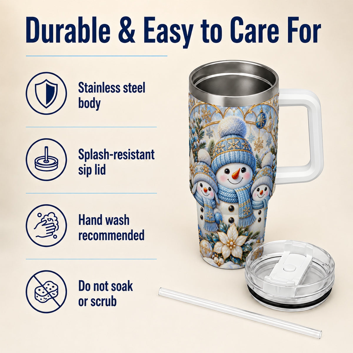 #pl[40oz|White] Snowman Family 40oz Tumbler with Handle, Winter Stainless Steel Cup