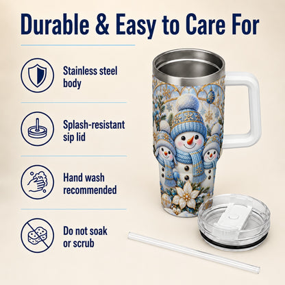 #pl[40oz|White] Snowman Family 40oz Tumbler with Handle, Winter Stainless Steel Cup