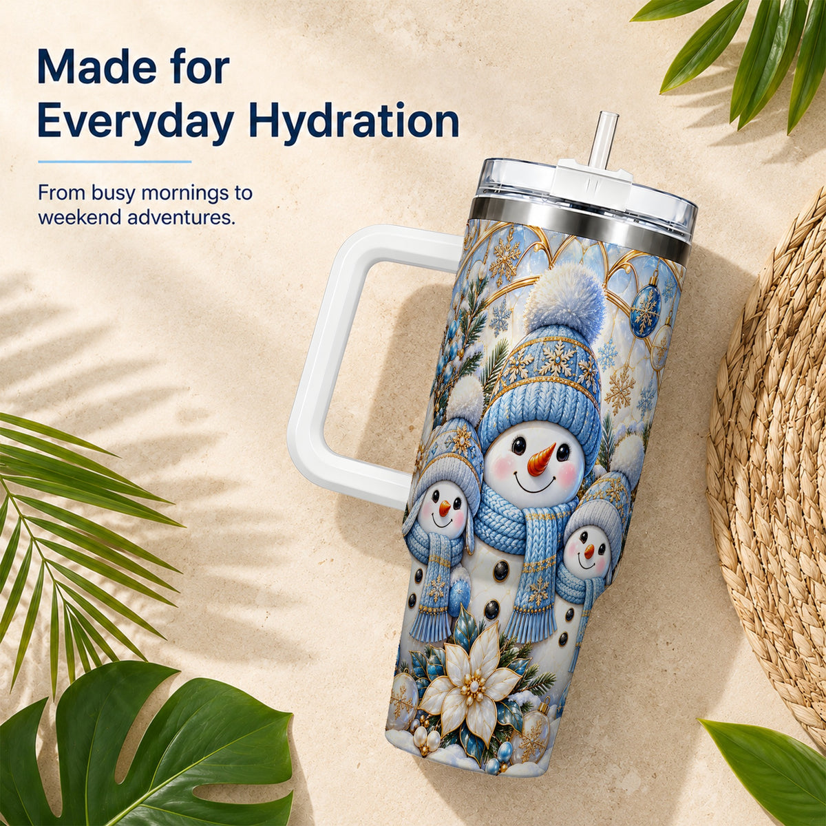 #pl[40oz|White] Snowman Family 40oz Tumbler with Handle, Winter Stainless Steel Cup