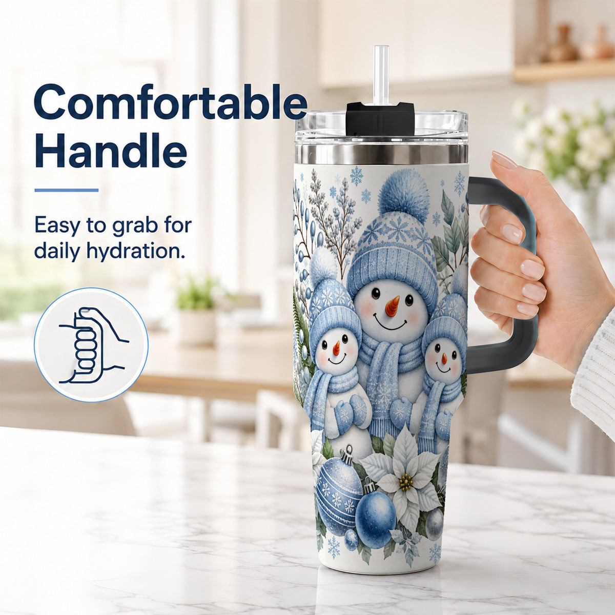 #pl[40oz|Black] Snowman Family 40oz Tumbler with Handle, Winter Stainless Steel Cup