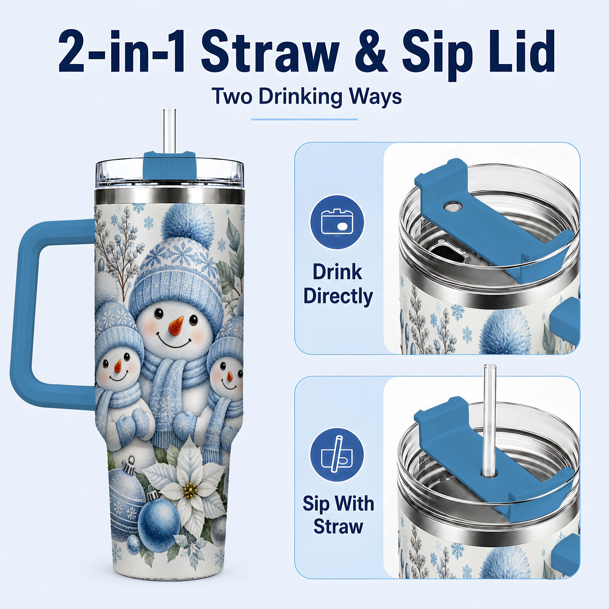 #pl[40oz|Blue] Snowman Family 40oz Tumbler with Handle, Winter Stainless Steel Cup