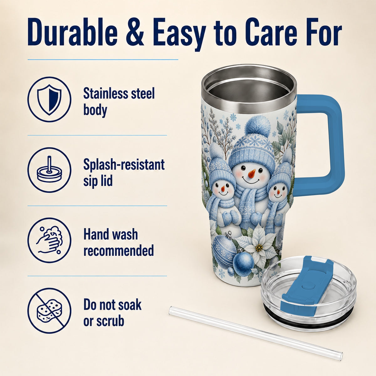#pl[40oz|Blue] Snowman Family 40oz Tumbler with Handle, Winter Stainless Steel Cup