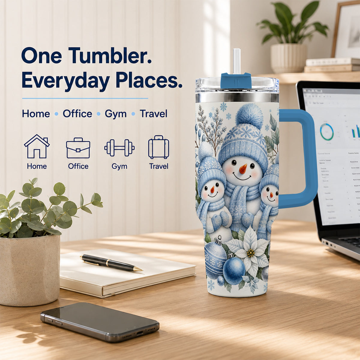 #pl[40oz|Blue] Snowman Family 40oz Tumbler with Handle, Winter Stainless Steel Cup
