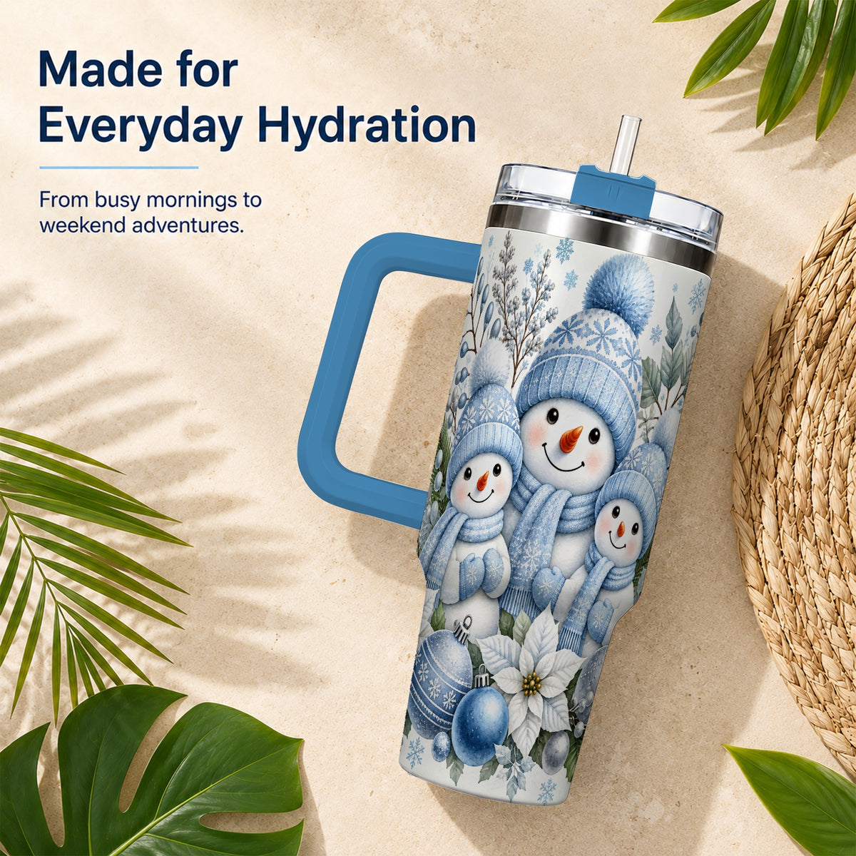 #pl[40oz|Blue] Snowman Family 40oz Tumbler with Handle, Winter Stainless Steel Cup