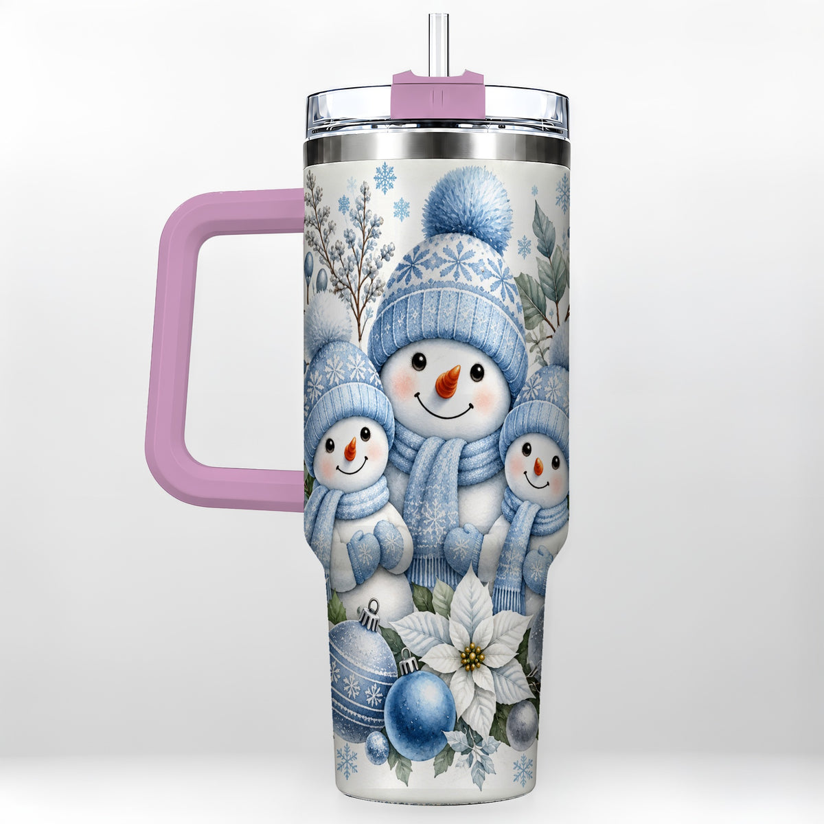#pl[40oz|Pink] Snowman Family 40oz Tumbler with Handle, Winter Stainless Steel Cup